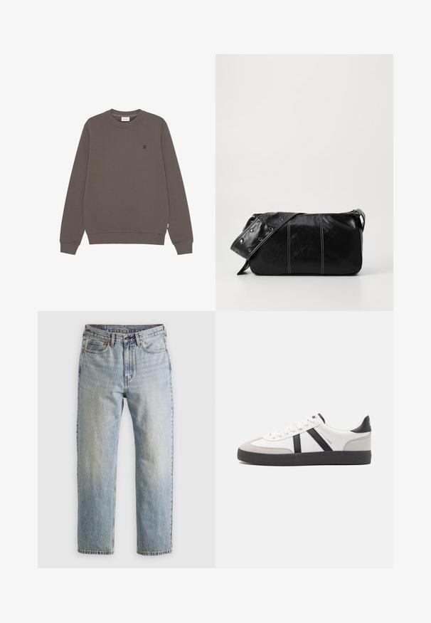 Rudas džemperis ilgomis rankovėmis, su ribbiniu apvaliu kaklu ir apačia. Priekyje yra mažas juodas „II“ logotipas. Pagaminta iš minkštos medžiagos.; Šviesiai mėlynos džinsinės kelnės su aukštu liemeniu, priekyje mygtukas, užtrauktukas ir penkių kišenių dizainas, išklotos ant neutralios fono.; Balti sportbačiai su juodais ir pilkais akcentais, pasižymintys tekstūruotu pilku pirštų dangteliu, juoda gumine padais ir plokščiomis baltomis raišteliais. Švarus dizainas, minimalistinis stilius.; Juodas odinis pečių krepšys su užtrauktuku, turintis tekstūruotą paviršių, baltą siuvinėjimą ir dirželį su sidabinėmis metalinėmis detalėmis.