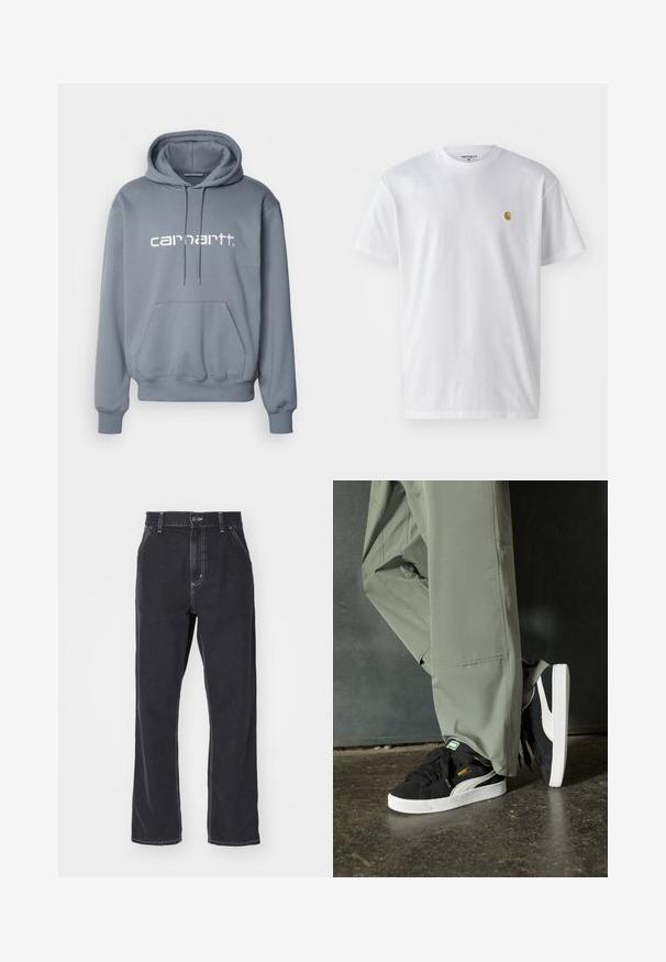 Carhartt WIP HOODED - Felpa con cappuccio - dove grey/wax; T-shirt bianco in cotone con maniche corte, con colletto girocollo, caratterizzato da un piccolo logo dorato sulla parte sinistra del petto. Tessuto morbido e vestibilità regolare.; Jeans in denim nero con taglio dritto, dotati di chiusura con zip, cinque tasche e cuciture a contrasto lungo le cuciture.; Sneaker in suede nero con suole in gomma bianca e strisce laterali, abbinate a pantaloni cargo verde chiaro, in piedi su una superficie scura e texture.