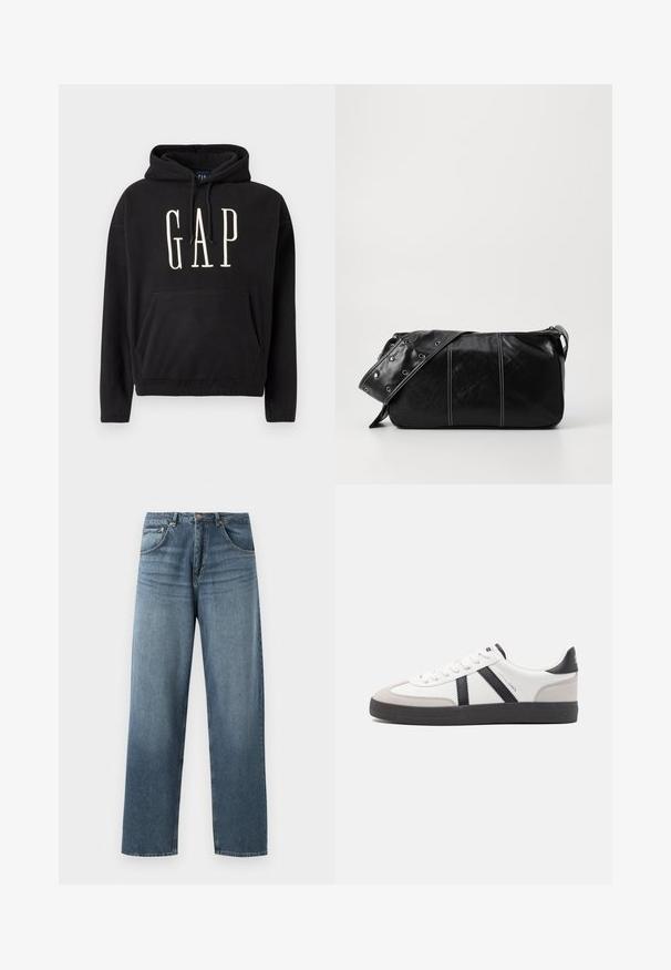 Black hoodie made of soft fabric, featuring a front pocket, drawstring hood, and "GAP" logo in cream-colored text on the chest.; Straight-leg blue denim jeans with a faded wash, featuring five-pocket design, metal button, and belt loops. Structured, medium-weight fabric.; White sneaker with black and gray accents, featuring a textured gray toe cap, black rubber sole, and flat white laces. Clean design, minimalist style.; Black leather shoulder bag with a zip closure, featuring a textured body, white stitching, and a strap with silver grommets.