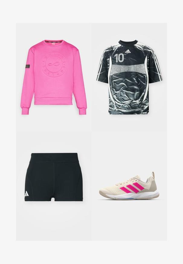 Endless SUDADERA SWELL - Pusa - deep fucsia; Mustmust värvi Adidas spordisärk valge numbri 10, valged triibud varrukatel ja valge paneelikujundus ees ja külgedel.; Mustad mustad lühikesed püksid, mis on valmistatud venivast kangast, kõrge vöökoht, vormitud lõige ja vasakul küljel valge Adidas logo.; Beige spordijalanõud roosa kolme triibu logoga, tekstureeritud võrkkangas peal, polsterdatud sääreosa ja valge kummist tallaga, kus on "LIGHTSTRIKE" bränd.