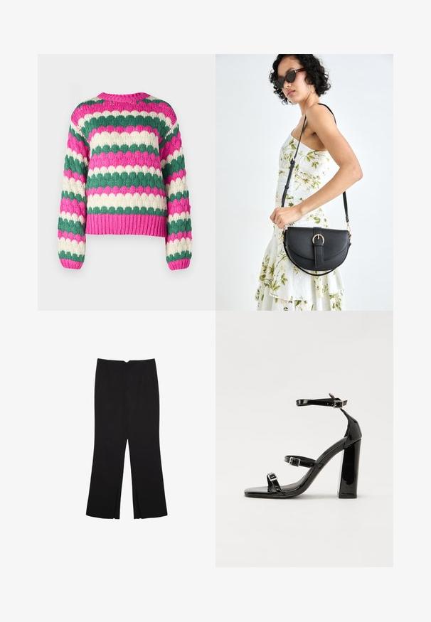 YAS YASBUBBA - Pullover - fuchsia fedora; Pantalon noir avec une coupe droite, doté de poches avant et d'éclairs sur l'ourlet. Fabriqué en tissu doux et lisse. Convient à diverses occasions.; Sandales à talons vernies noires avec un bout carré, des sangles autour de la cheville et des boucles en argent. Dotées d'un talon bloc épais pour plus de stabilité.; Sac à main en cuir noir avec une forme courbée, bandoulière amovible et des accessoires en or. Le sac est doté d'un rabat avec un détail de boucle.