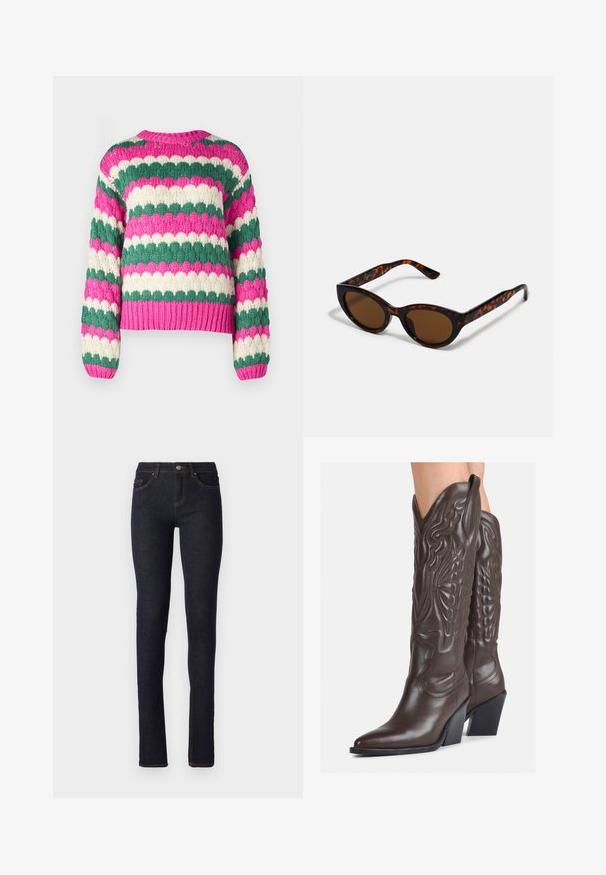 YAS YASBUBBA - Džemperis - fuchsia fedora; Tumši zila džinsu auduma bikses ar šauru piegriezumu, kurām ir augsts jostasviets, piecas kabatas un oranžas šuves detaļas.; Brūni ādas kovboju zābaki ar norādītu purngalu un blokveida papēdi, ar detalizētu šūšanu un paceltiem akcentiem uz kājas daļas.; Brūnas pūķu kaula saulesbrilles ar vintage kaķa acs formu un brūniem stikliem. Ievērojamas ar izliektiem ieročiem ar sarkaniem akcentiem.; Zelta auskari ar gludu, spīdīgu apdari. Apaļš dizains, kas ietver mazu tapu un caurspīdīgu pamatni drošai valkāšanai.
