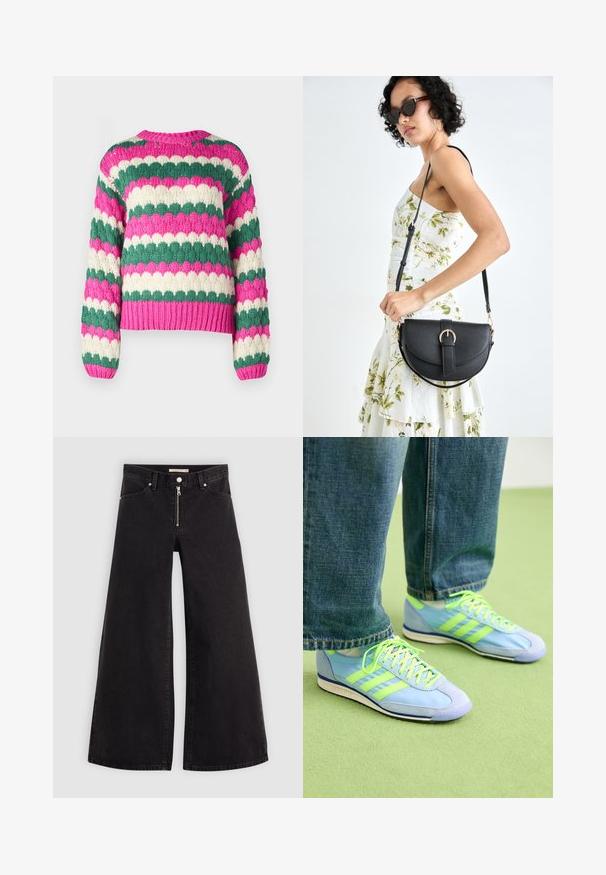 YAS YASBUBBA - Strikkegenser - fuchsia fedora; Vide benbukser i sort denim med glidelås i front, fem-lomme design og subtile sømdetaljer. Glatt tekstur og avslappet stil.; Lyseblå joggesko med grønne aksenter, laget av semsket skinn og syntetisk materiale, med tre striper og en teksturert såle. Stylet med løse dongeri-bukser.; Svart lærveske med en buet form, avtagbar stropp og gullbeslag. Vesken har et klaff med spenne-detall.