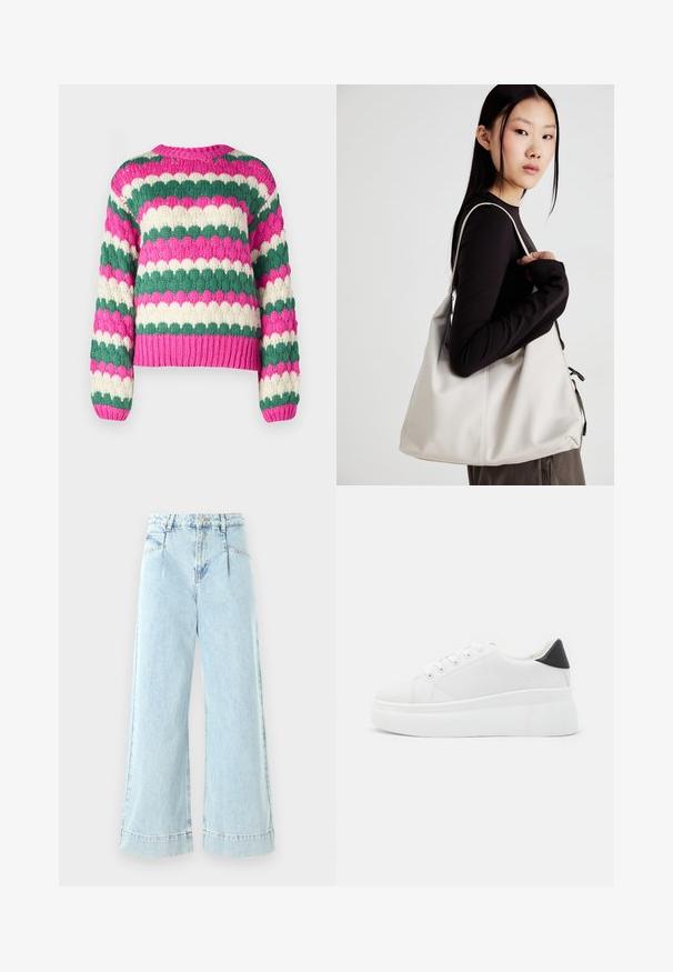 YAS YASBUBBA - Džemperis - fuchsia fedora; Šviesiai mėlynos plačios džinsinės kelnės, pagamintos iš džinsinio audinio, su aukštu liemeniu, priekinėmis kišenėmis ir siuvinėjimais ant apdailos.; Balti platforminiai sportbačiai, pagaminti iš lygios sintetinio audinio, su apvaliu pirštu, raištelių užsegimu ir tekstūruota guma padanga. Juodas kulno akcentas.; Bežinė rankinė, pagaminta iš minkštos medžiagos, turinti laisvą dizainą, siuvinėtas detalės ir dvi petnešos. Tinkama kasdieniam naudojimui.