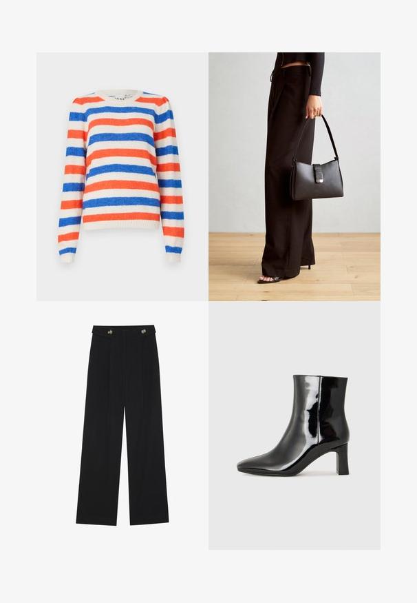 Gestreifter Pullover in rot, blau und creme. Weiche Textur mit Rundhalsausschnitt und langen Ärmeln. Gerippte Bündchen und Saum.; Schwarze weite Hosen mit hoher Taille, Knopfdetails am Bund und vorderen Falten.; Schwarzer Lackleder-Stiefelette mit spitzer Zehe und einem mittelhohen Blockabsatz. Glatte Textur und minimalistisches Design.; Schwarze Handtasche mit strukturierter Form, glatter Textur und einem metallischen Verschluss. Kombiniert mit weiten schwarzen Hosen und offenen Sandalen auf einem Holzboden.