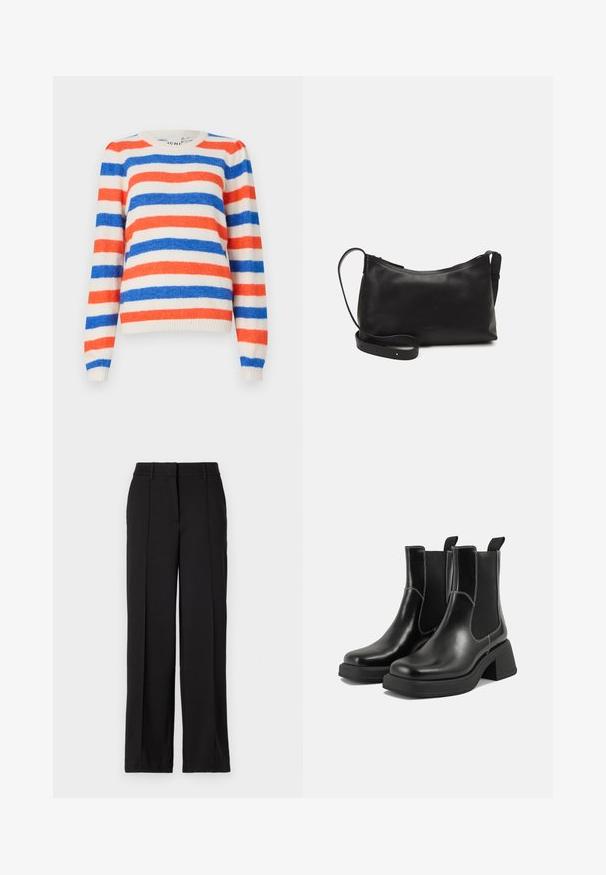 Csíkos pulóver, amely piros, kék és krém színekkel rendelkezik. Puha tapintású, kerek nyakkivágással és hosszú ujjakkal. Rugalmas mandzsetták és alj.; Fekete nadrág egyenes szárú kialakítással, két elülső pliszével, derékpánttal, látható zsebek vagy díszítés nélkül.; Fekete bőr Chelsea csizmák masszív sarkakkal, rugalmas oldalsó panelekkel és kontrasztos fehér varrással. Texturált felület.; Fekete bőr válltáska sima felülettel, ívelt formával, állítható pánttal és cipzáras záródással. Minimalista dizájn díszítmények nélkül.