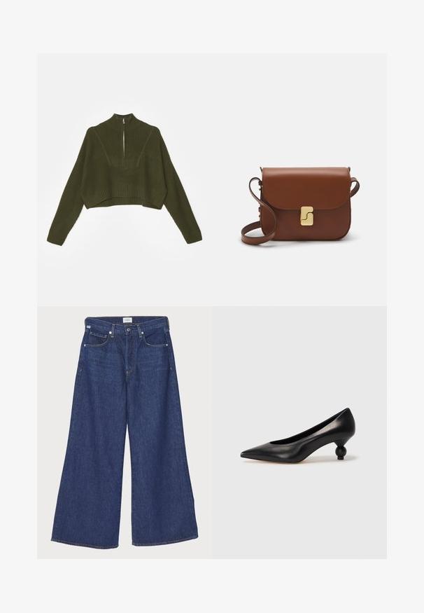 STAUD CROPPED HAMPTON - Jumper - sergeant green; Citizens of Humanity BEVERLY SLOUCH IN UNVEIL - Relaxed fit jeans -
dark-blue denim; Black leather high heel shoe with a pointed toe and a round, balled heel. Smooth texture with a sleek, minimal design.; Brown leather handbag with a flap closure, gold-tone hardware, a shoulder strap, and a smooth texture. Compact rectangular shape.