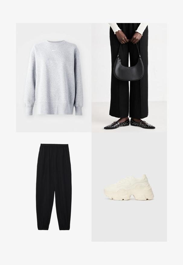Grå hettegenser med rund hals, lange ermer, ribbestrikkede mansjetter og kant, med en liten hvit Nike-logo på brystet. Myk, teksturert stoff.; Svarte, lette bukser med elastisk liv og rynkede ankler. Stoffet er glatt og har en avslappet, innsvingt design.; Chunky hvite sneakers laget av teksturert mesh og syntetiske materialer, med en tykk såle og intrikate mønsterdetaljer langs sidene.; Svart skinn skulderveske med en avrundet form, glanset overflate og sølvfargede detaljer. Person iført sorte vide bukser og naglede loafers.