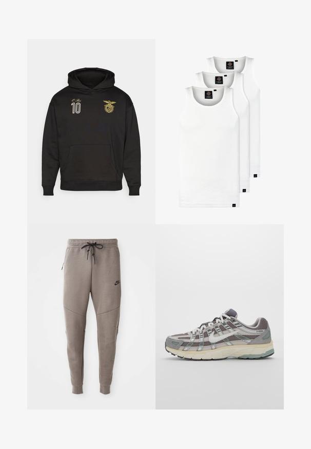 Zwarte hoodie gemaakt van katoen met een voorzak, voorzien van gouden borduursels van een wapen en het nummer "10" op de borst.; Drie witte geribde tanktops van katoen. Kenmerken zijn een ronde hals en kleine zwarte labels nabij de zoom. Verkrijgbaar in meerdere maten.; Grijze Nike-sweatpants met een verstelbare tailleband, taps toelopende benen, zijzakken en opvallende naaddetails. Zachte, gestructureerde stof.; Grijze sportieve schoen met een bovenwerk van mesh en suede, witte accenten, een gevoerde zool en een onderscheidend ontwerp met reflecterende elementen.