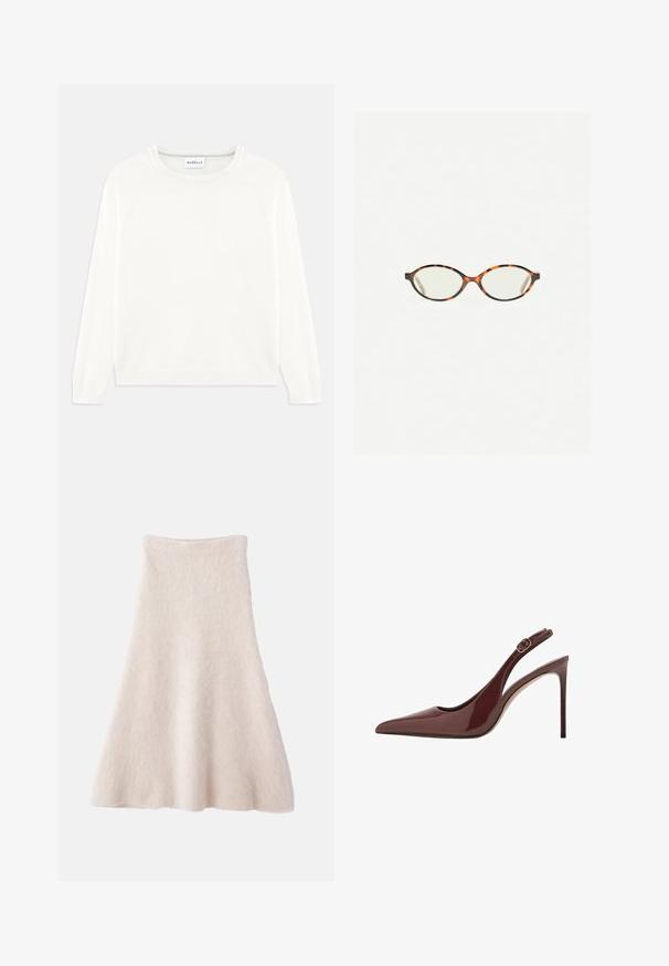 Lichtgewicht, crèmewitte trui met een ronde halslijn, lange mouwen en een geribde onderrand. Gemaakt van zachte stof met een gladde textuur.; Een lichtbeige A-lijnrok van zacht, gestructureerd materiaal, met een gladde tailleband en een vloeiende silhouet.; Donkerbruine lakleren slingback met spitse neus, hoge hak en verstelbare gespriem. De slanke stilettohak voegt een elegante touch toe.; Kattenoogbril met ovale lenzen en een strakke, gladde afwerking. Heeft dunne zijkanten met een subtiele kromming bij de slapen. Transparante lenzen.