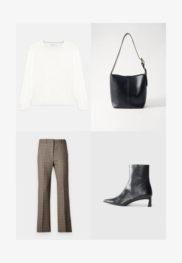 Lightweight, cream-colored sweater with a round neckline, long sleeves, and ribbed hem. Made from soft fabric with a smooth texture.; Brown plaid trousers with a straight leg cut, featuring a textured fabric and subtle colors of beige and darker browns throughout the pattern.; Black leather ankle boot with a pointed toe and a sleek design. Features a low heel and a zipper closure at the back. Smooth texture.; Black leather shoulder bag with a smooth texture, featuring a thin, long strap and a subtle stitched detail down the center.