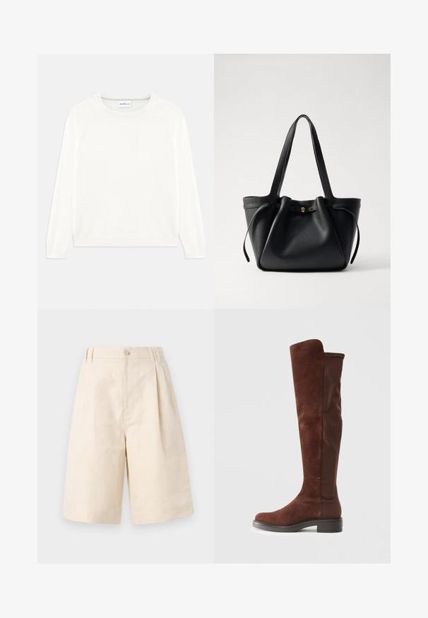 Leichter, cremefarbener Pullover mit Rundhalsausschnitt, langen Ärmeln und geripptem Saum. Hergestellt aus weichem Stoff mit glatter Textur.; Beige Leinen-Shorts mit lockerer Passform, ausgestattet mit einem Knopfverschluss, gefaltetem Design und knielangem Schnitt. Glatte Textur und schlichter Stil.; Hohes braunes Wildleder- und Stoffboot mit niedrigem schwarzem Absatz und abgerundeter Zehenform, seitlich auf einem schlichten weißen Hintergrund abgebildet.; Schwarze Leder-Tote mit zwei langen Tragegriffen, einem gerafften oberen Teil und einem goldenen runden Akzent. Glatte Textur mit minimalistischem Design.