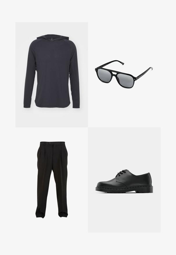 Lange mouwen met capuchon shirt in donkergrijs, gemaakt van lichtgewicht stof met een gladde textuur en subtiel horizontaal ribbelpatroon.; Zwarte broek van gladde stof, met voorplooien, een knopenband en taps toelopende enkelboorden. Klassieke taillering.; Zwarte leren oxford schoenen met vetersluiting, ronde neus, platte rubberen zool en subtiele stiksel details langs het bovenwerk.; Zwarte zonnebril met rechthoekige montuur, grijs getinte glazen en een uitgesneden ontwerp bij de neusbrug. Strak, glanzend kunststof materiaal met smalle veren.