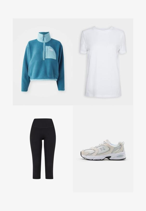 Blauwe fleece pullover met een gedeeltelijke rits, hoge kraag en een voorkantzak. Accentuated met een lichterblauwe trim en een textuur van stof.; Witte korte mouwen T-shirt van katoen. Ronde hals ontwerp met een soepele textuur en geen zichtbare patronen of accenten. Basisstijl.; Zwarte driekwart leggings van rekbare stof, met een hoge tailleband en zonder zichtbare patronen of hardware.; Atletiekschoen met een lichtgrijs mesh bovenwerk en suede accenten, witte veters en een zwarte rubberen zool. Opvallend ABZORB dempingdetail.