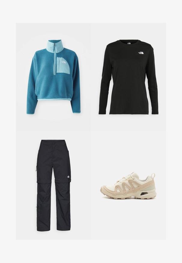 Mėlynas fliso švarkas su daliniu užtrauktuku, aukšta apykakle ir priekinėmis kišenėmis. Papuoštas šviesesnio mėlyno atspalvio apvadu ir audinio tekstūra.; Juodas ilgomis rankovėmis medvilninis marškinėliai su apvali apykakle. Savybė - mažas baltas logotipas kairėje krūtinės pusėje. Paprastas dizainas ir pritaikymas.; Juodos nailoninės krovinių kelnės su reguliuojamais rankovėmis, daugybe kišenių ir logo ant dešinės kojos. Lygi, lengva tekstūra.; Bežinės ir kreminės spalvos sportinės bateliai su tekstūruoto tinklelio viršutine dalimi, palaikančiomis detalėmis ir guminiais padais, turinčiais raštą, užtikrinantį sukibimą.