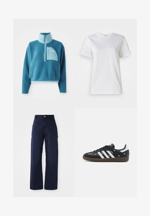 Blue fleece pullover with a partial zip, high collar, and a front pocket. Accented with a lighter blue trim and a fabric texture.; White cotton t-shirt with a crew neckline and short sleeves. The fabric is smooth with a soft texture and no visible patterns or accents.; Navy blue wide-leg cargo pants with a sturdy cotton fabric, featuring side pockets and a button closure at the waist.; Black leather sneaker with white stripes and floral embroidery in blue. Features a brown rubber sole and a rounded toe design.
