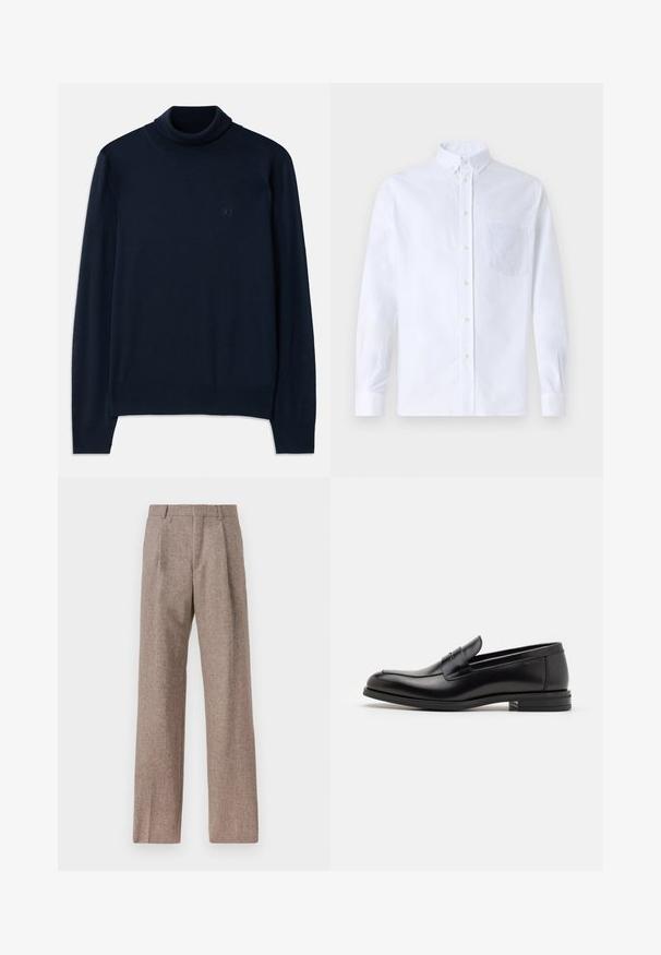 Dsquared2 TURTLE NECK - Pulover - navy blue; Bela dolgo rukava srajca s kragnico, izdelana iz bombaža, z žepom na prsih in toniranimi vezeninami ter gumbi na manšetah.; Rjave hlače z visokim pasom, izdelane iz teksturirane tkanine. Imajo široke noge in dve sprednji pregibi za strukturo. Urejen zaključek brez vidne strojne opreme.; Črne usnjene loafer čevlje z gladko teksturo, zaobljenim nosom in dekorativnim trakom čez zgornji del. Nizka zložena peta, minimalističen dizajn.