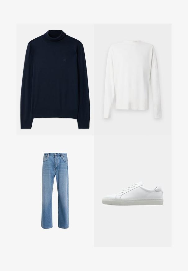 Dsquared2 TURTLE NECK - Pulover - navy blue; Bela bombažna srajca z dolgimi rokavi in okroglo ovratnikom, z bočnimi razporki na dnu in gladko teksturo, prikazana s hrbtne strani.; Svetlo modre denim kavbojke s ravno nogavico, petimi žepi, z gumbom za zapiranje, minimalnim zbledelostjo in kontrastnimi šivi.; Bela športna obutev z gladkim usnjenim zgornjim delom in nizkim profilom. Ima zaokrožen nos, šest lukenj za vezalke in teksturiran gumijast podplat.