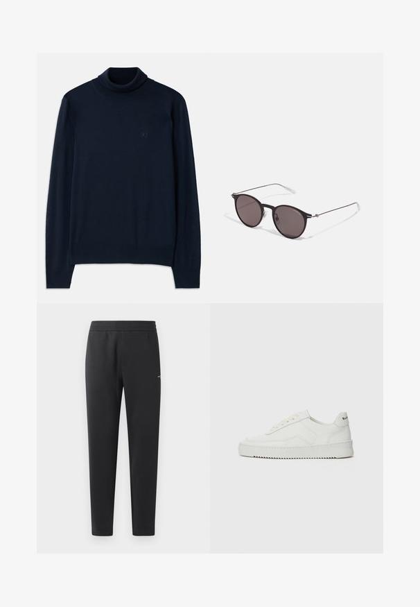 Dsquared2 TURTLE NECK - Jumper - navy blue; Black jogger pants made of soft fabric, featuring an elastic waistband, straight legs, and a single small logo detail on the side.; White leather sneaker with a smooth finish, round toe, flat laces, and a textured sole. Features a subtle logo on the heel.; Black round sunglasses with dark lenses and slim metal arms. Includes clear temple tips and silver accents at the hinge. Minimalist design.