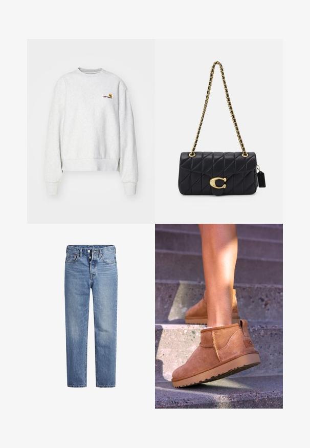 Szürke, kerek nyakú pulóver puha anyagból, bordázott mandzsettákkal és hem-vel; a mellkasán sárga és bordó hímzett logóval.; Világoskék farmernadrág egyenes szabással, öt zsebes dizájnnal és gombos nyereggel. Finom kopásokkal és narancssárga varrási részletekkel rendelkezik.; Barna nubuk bokacsizmák, puha textúrával, varrott részletekkel és gumitalpakkal, hurok alakú sarokkal a könnyű felvétel érdekében.; Fekete steppelt táska arany lánc pánttal, jellegzetes arany zár mellett és egy kis címkével, amely textúrált bőrfelületet mutat be.