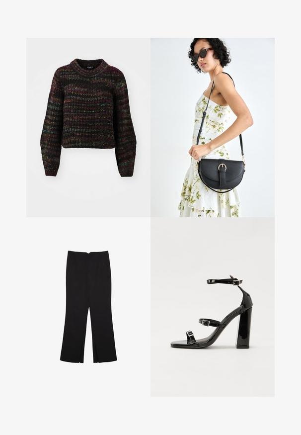 ONLY ONLCARMA PULLOVER - Jumper - black/multi spacedye; Black trousers with a straight fit, featuring front pockets and side slits at the hem. Made of soft, smooth fabric. Suitable for various occasions.; Black patent heeled sandals with a square toe, ankle straps, and silver buckles. Features a chunky block heel for stability.; Black leather handbag with a curved shape, detachable strap, and gold hardware. The bag features a flap with a buckle detail.
