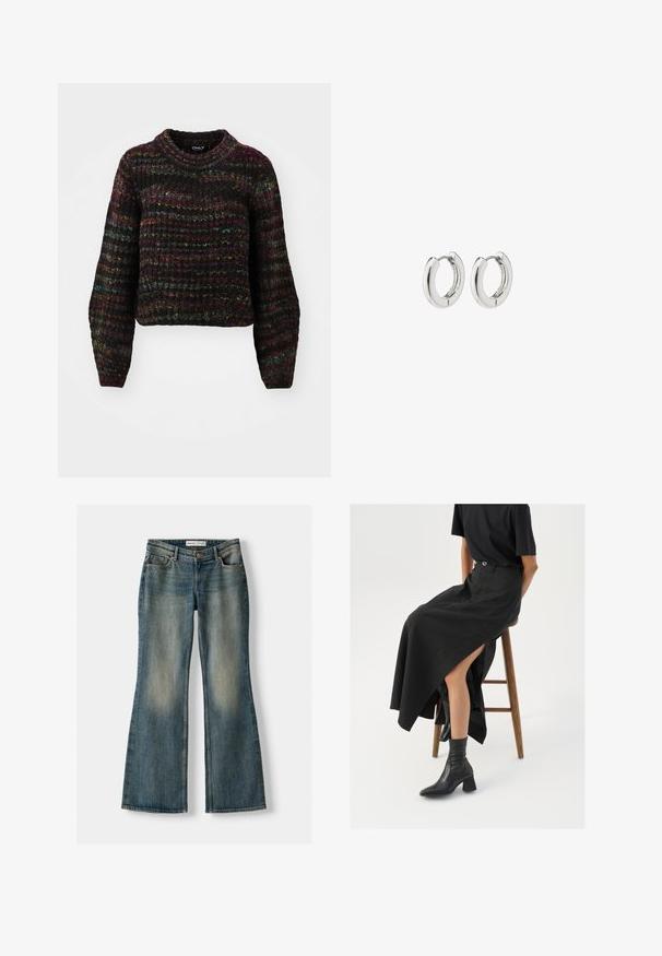 ONLY ONLCARMA PULLOVER - Pullover - black/multi spacedye; Jeans flair bleus avec un lavage décoloré, cinq poches et une fermeture à bouton. Le matériau présente une texture en denim avec des détails de couture subtils.; Jupe maxi en lin noir avec une fente haute, portée avec un t-shirt noir et des bottes de cheville noires. Design minimaliste avec une coupe décontractée.; Boucles d'oreilles en argent avec une finition polie, présentant un design circulaire et des charnières sans soudure, affichant une texture lisse.
