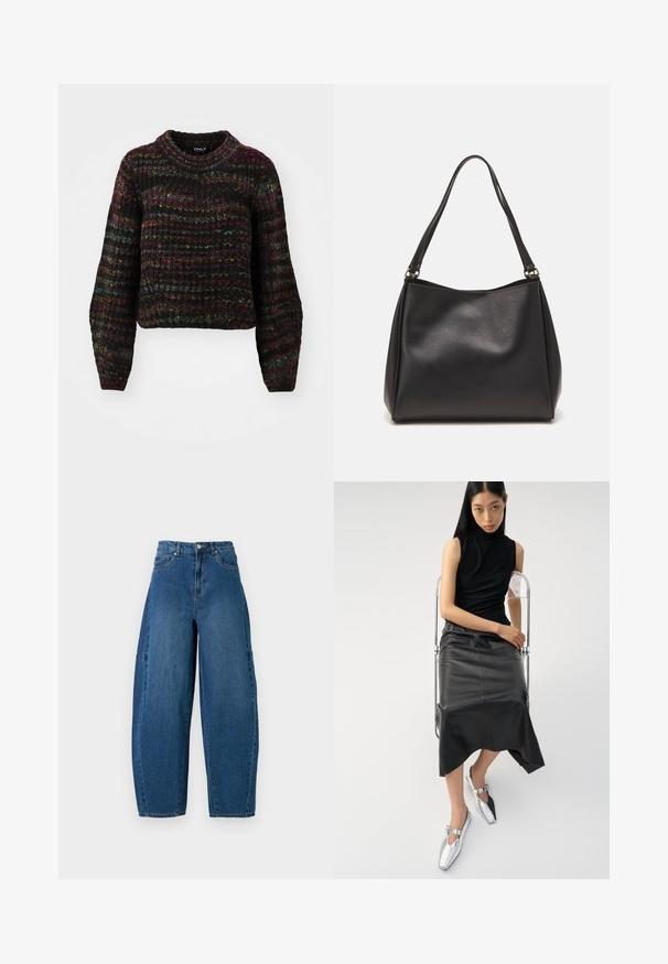 ONLY ONLCARMA PULLOVER - Pulover - black/multi spacedye; Jeans din denim cu o nuanță medie de albastru, având talie înaltă, tăietură cu picioare largi și un design standard cu cinci buzunare, cu detalii de cusătură vizibile.; Top negru fără mâneci, fustă neagră din piele subțire cu un tiv ondulat și pantofi argintii strălucitori cu un design cu decupaj și detaliu cu cataramă.; Geantă de mână din piele sintetică neagră, cu o textură moale, formă hobo și două bretele pentru umăr; prezintă un finisaj lucios și un design minimalist.
