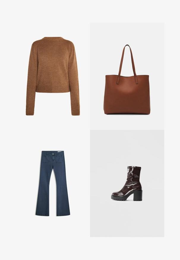 Smešani smeđi pulover s dugim rukavima, okruglim izrezom i skraćenim rubom. Mekana tekstura, minimalistički dizajn i bez vidljivih uzoraka.; Tamno plavi traperice s izrezanim nogavicama, šivanim džepovima, kopčanjem na dugme i glatkom teksturom. Imaju klasičan dizajn s pet džepova.; Sjajna burgundska čizma do gležnja s debelim crnim potplatom, koja se odlikuje glatkom teksturom i jednostavnim dizajnom. Nema vidljivih kopčanja ili uzoraka.; Smeđa kožna torba preko ramena s glatkom teksturom, otvorenim vrhom i dvjema naramenicama. Ima minimalne šavove i nema vidljivog hardvera.