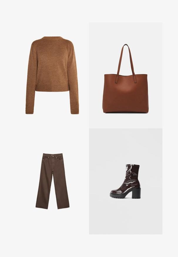 Brauner gestrickter Pullover mit langen Ärmeln, rundem Ausschnitt und cropped Saum. Weicher Stoff, minimalistisches Design und keine sichtbaren Muster.; Weite braune Jeans aus Denim, mit hoher Taille, Fronttaschen und klassischem Knopfverschluss. Glatte Textur mit feinen Nähten.; Glatte bordeauxrote Ankle Boots mit einem klobigen schwarzen Absatz, die eine glatte Oberfläche und ein einfaches Design aufweisen. Keine sichtbaren Verschlüsse oder Muster.; Braune Leder-Tote mit glatter Textur, offenem Oberteil und zwei Schulterriemen. Verfügt über minimale Nähte und keine sichtbaren Beschläge.
