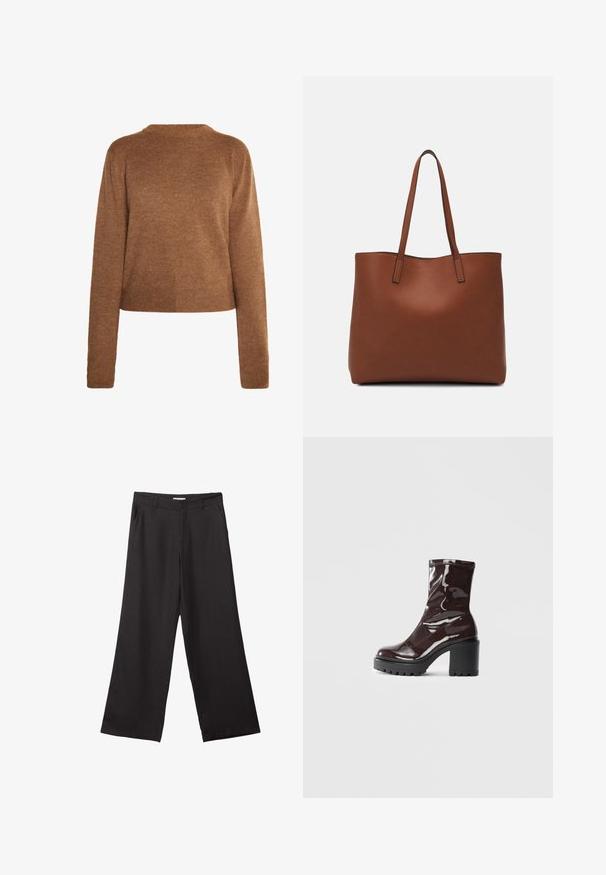 Brauner gestrickter Pullover mit langen Ärmeln, rundem Ausschnitt und cropped Saum. Weicher Stoff, minimalistisches Design und keine sichtbaren Muster.; Schwarze weite Hosen aus glattem Stoff, mit einem Reißverschluss vorne und zwei seitlichen Taschen, maßgeschneiderter Passform und minimalistischem Design.; Glatte bordeauxrote Ankle Boots mit einem klobigen schwarzen Absatz, die eine glatte Oberfläche und ein einfaches Design aufweisen. Keine sichtbaren Verschlüsse oder Muster.; Braune Leder-Tote mit glatter Textur, offenem Oberteil und zwei Schulterriemen. Verfügt über minimale Nähte und keine sichtbaren Beschläge.