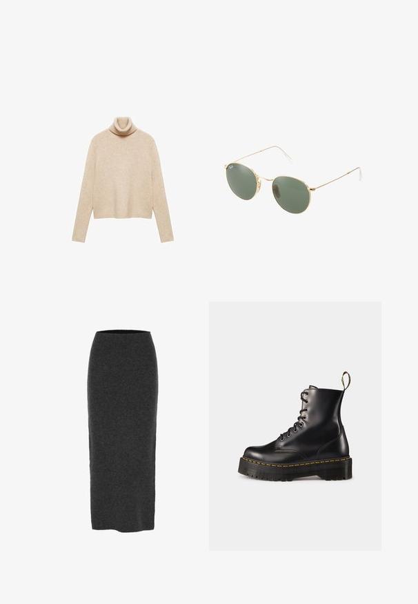 Beige turtleneck sweater made of soft knit material. Features a ribbed neckline, long sleeves, and a cropped hem for a relaxed fit.; Knit pencil skirt in dark gray, mid-length with a fitted shape, smooth texture, and elastic waistband for comfort.; Black leather lace-up ankle boots with a chunky black sole and yellow stitching. Features a pull tab at the back and circular metal eyelets.; Gold metal frame sunglasses with green lenses, round shape, thin temples, and white plastic accents on the tips of the arms.