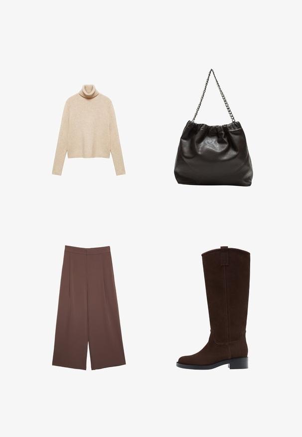 Beige turtleneck neulepaita pehmeästä neulomismateriaalista. Sitä koristavat ribbauskaula-aukko, pitkät hihat ja lyhyt helma rentoa istuvuutta varten.; Ruskeat leveälahkeiset housut, joissa on sileä pinta, korkea vyötärö ja etupleat. Kangas on kevyttä ja laskeutuu väljänä.; Ruskohvased nahast põlvini saapad, millel on ümar varvas, diskreetne õmblus ja madal blokknokk; ülaosas on mugav tõmbevahe, mis lihtsustab nende selga panemist.; Ruskea nahkainen laukku, jossa on kerätty yläosa ja ketjuhihna. Tasainen pinta, jossa kiiltävä viimeistely ja hienovaraiset sauman yksityiskohdat sivuilla.