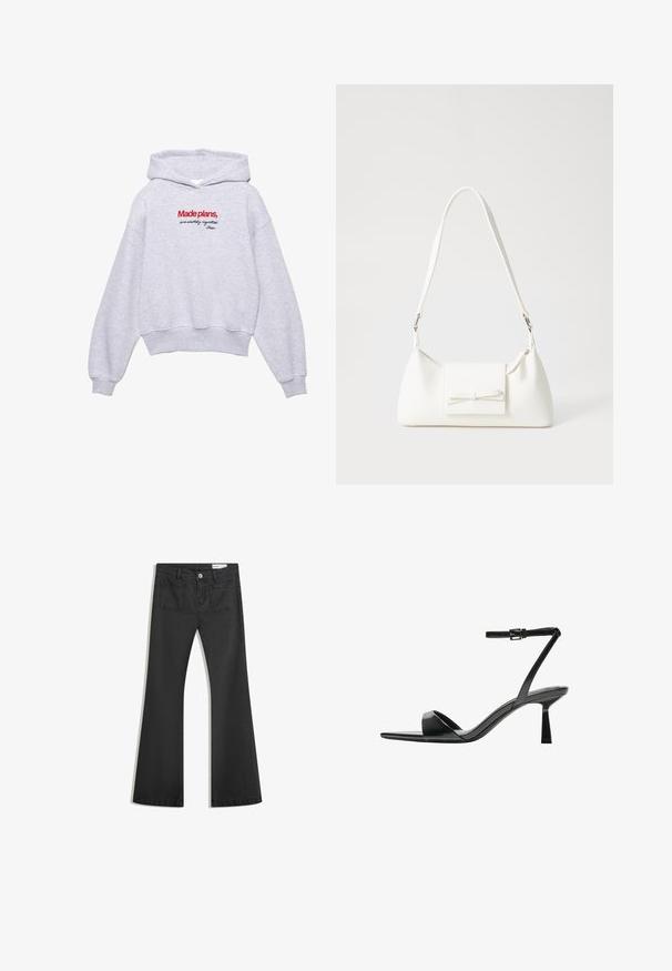 Grijze cropped hoodie in zachte stof met een voorzijde afbeelding met rode en zwarte tekst. Afgewerkt met een capuchon en ribgebreide mouwen.; Zwarte flared jeans van denim met een gladde textuur, voorzien van twee achterzakken en een knoopsluiting bij de taille.; Bershka Sandalen met hoge hak - black; Witte synthetische handtas met een driehoekige vorm, platte voorklep en strikdetail, verstelbare schouderriem, gladde textuur en minimalistisch ontwerp.