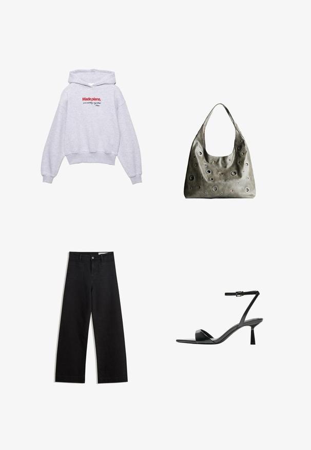 Hanorac gri scurt din material moale, cu un grafic frontal care are text roșu și negru. Finalizat cu glugă și manșete ribbate.; Pantaloni din denim negri cu picioare largi, cu talie înaltă, având buzunare frontale și posterioare, cusături dublate și închidere cu nasture. Textură netedă.; Bershka Sandale cu toc - black; Geantă din piele de culoare verde măslin, cu un design relaxat, având decupaje circulare de diverse dimensiuni și accente în nuanțe mai închise și mai clare.