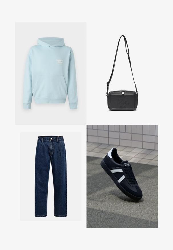 Helle blaue Kapuzenjacke mit einer frontalen Tasche, gerippten Bündchen und einem bestickten Logo auf der Brust. Weicher Stoff und lässiger Schnitt.; Dunkelblaue Denim-Jeans mit geradem Bein. Mit sichtbaren Nähten, einem Knopfverschluß und Frontfalten für zusätzliche Details.; Schwarze Leder-Sneaker mit weißen Streifen, strukturiertem Gummisohle und Schnürung. Verfügt über ein Markenetikett auf der Zunge.; Schwarze Leder-Crossbody-Tasche mit einem Reißverschluss, geprägtem Logo auf der Vorderseite und verstellbarem Riemen. Glatte Textur mit rechteckiger Form.