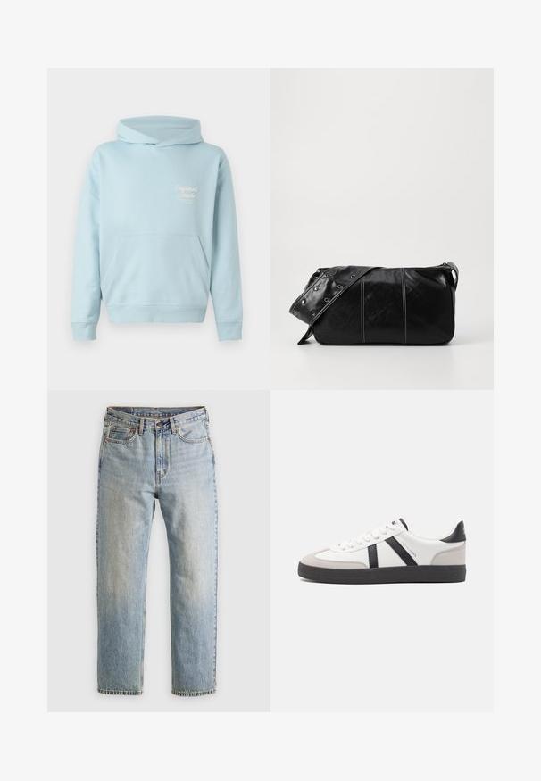 Felpa con cappuccio azzurro chiaro caratterizzata da una tasca frontale, polsini a coste e un logo ricamato sul petto. Tessuto morbido e design dal taglio rilassato.; Jeans in denim azzurro chiaro con vita alta, bottone anteriore, cerniera e design a cinque tasche, adagiati su uno sfondo neutro.; Sneaker bianco con accenti neri e grigi, dotata di una punta grigia testurizzata, suola in gomma nera e lacci bianchi piatti. Design pulito, stile minimalista.; Borsa a spalla in pelle nera con chiusura a zip, caratterizzata da un corpo testurizzato, cuciture bianche e una tracolla con occhielli in argento.