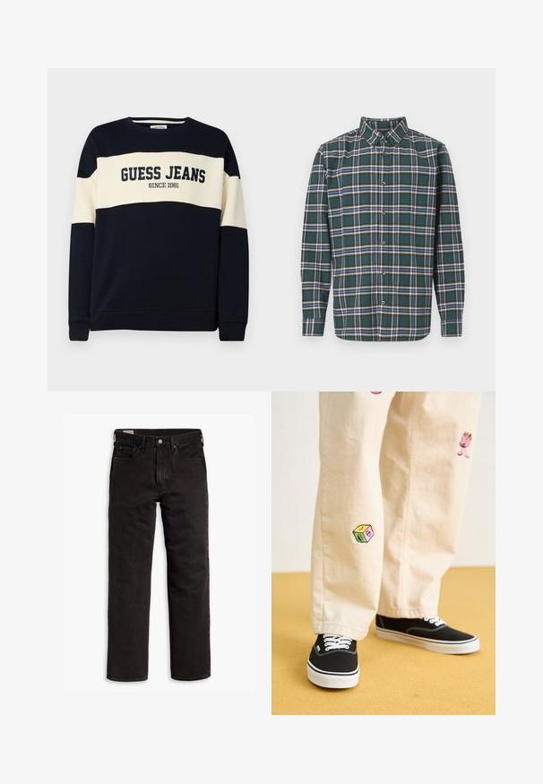 Mornarska dukserica s bež horizontalnom prugom, sadrži tekst "GUESS JEANS" i detalj "SINCE 1981". Izrađena od mekanog pamučnog materijala.; Zeleni flanel košulja s kariranim uzorkom koji sadrži plave, bijele i senf žute linije. Prednji dio s dugmadima i oštrim kragnom. Duge rukave.; Crne traperice ravnog kroja s pet džepova, kopčom na dugme i petljama za pojas, položene ravno na bijeloj pozadini.; Bež pamuk hlače s razigranim izvezenim dizajnima, uključujući ružičasti lik i obojene blokove, uparene s crnim vezicama za cipele.