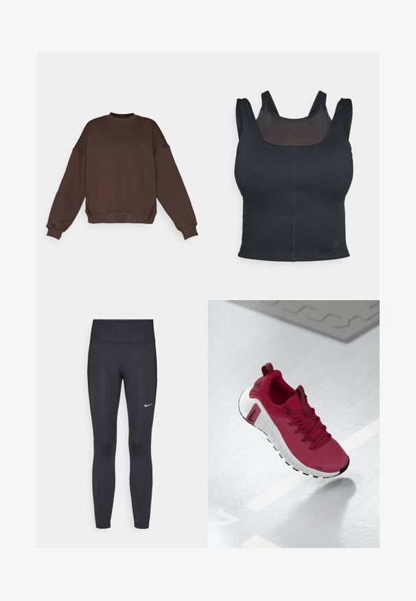 Brun sweatshirt med rund hals, design med sänkt axel, ribbade ärmslut och nederkant, med diskret logotyp framtill. Mjuk textur.; Svart sport-BH med en fitted design, breda axelband och ett nätöverdrag fram. Slät textur och minimala sömmar. Nike-logotyp på fållen.; Svarta leggings i elastiskt material, med hög midja och en vit Nike-logga på vänster lår. Slät textur, figurnära design.; Röd sportskor med en texturerad ovandel, snörning och en tjock vit sula. Har en kontrasterande svart tåskydd och en logotyp på sidan.
