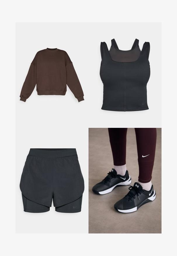 Brown sweatshirt with a crew neck, drop shoulder design, ribbed cuffs and hem, featuring subtle branding on the front. Soft texture.; Black sports bra featuring a fitted design, wide straps, and a mesh overlay on the front. Smooth texture and minimal seams. Nike logo on hem.; Black athletic shorts with a layered design, featuring a smooth outer layer and fitted inner shorts. Made of lightweight, stretch fabric.; Black athletic shoes with a textured upper and white accents, featuring laces and a side logo. Worn with maroon leggings and light socks.