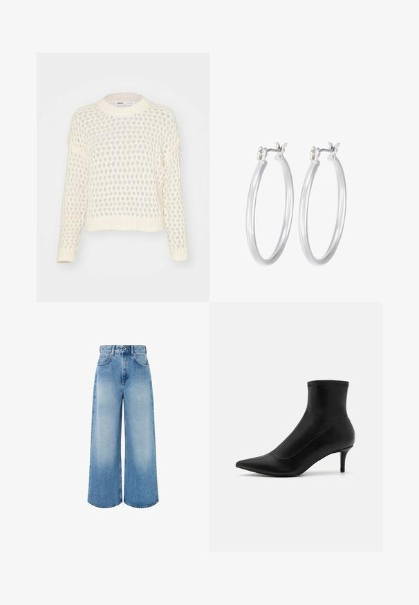 ONLY ONLBILLIE LIFE SHORT O NECK - Stickad tröja - whitecap gray; Ljusblå vida jeans i denim med hög midja, knäppning och subtila blekningar med rena fållkanter.; Svarta anklarstövlar i släthud med spetsig tå och en kort, tunn klack. Har en sömlös design och diskreta sömnadsdetaljer.; Silverfärgade hoopörhängen med en slät, polerad yta. Rund form och säker klickstängning. Lättviktig design som passar för vardagligt bruk.