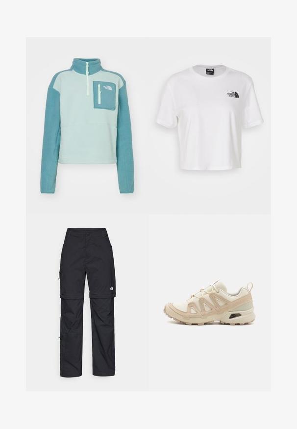 The North Face YUMIORI ¼ ZIP - Fleecová mikina - muted pine/algae blue; Bílé zkrácené tričko vyrobené z bavlny s kulatým výstřihem a krátkými rukávy. Na levé části hrudi je černé logo.; Černé nylonové cargo kalhoty na zip s nastavitelnými manžetami, několika kapsami a logem na pravé noze. Hladká, lehká textura.; Béžová a krémová sportovní obuv s texturovaným síťovaným svrškem, podpůrnými překryvy a gumovou podrážkou s dezénem pro lepší přilnavost.