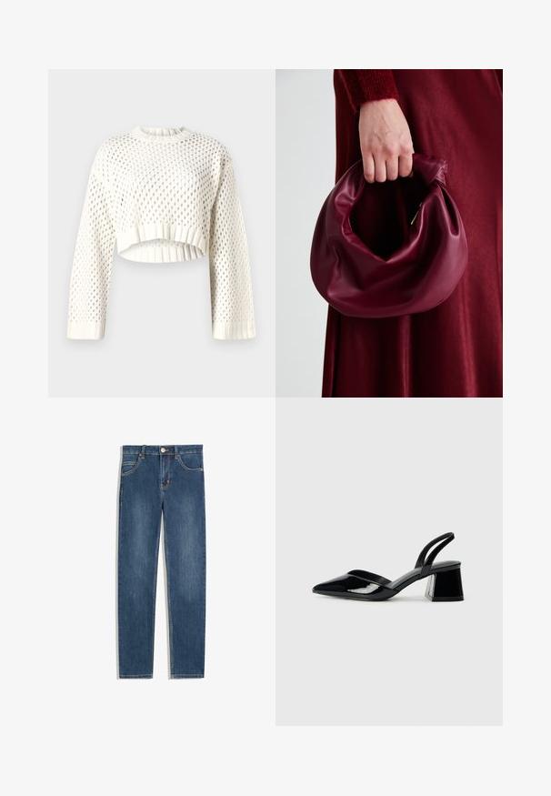 Pulover scurt tricotat alb cu un model mare de plasă, manșete din tricot și decolteu rotund. Material ușor și texturat.; Jeans din denim albastru închis cu croială dreaptă, cinci buzunare, detalii subtile de cusătură și un nasture metalic la talie.; Pantofi cu toc slingback din piele lacuită neagră, cu vârf ascuțit și toc geometric. Prezintă un design elegant, minimalist și o textură netedă.; Geantă de mână din piele burgundă, cu un design moale și pliat și o formă rotundă. Mânerele sunt securizate, evidențiind o textură netedă.