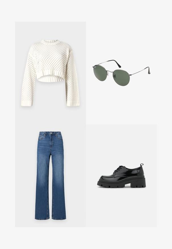 Hvid strikket cropped sweater med et stort mesh mønster, ribbede manchetter og rund halsudskæring. Letvægts og tekstureret stof.; Højtaljede, vidde jeans i blå denim med klassisk fem-lomme design og subtil fading langs benene.; Sorte patentlæder sko med en kraftig platformsål og tykke snørebånd. Runde tå, minimal detaljer og en lille hæltab bagpå.; Metalrammede solbriller med ovale grønne linser. Tynd sølvmetalramme og sorte ørepropper. Minimalistisk design, ingen synlige logoer.