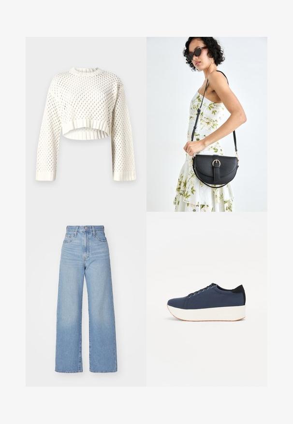 Baltas, mezgamas trumpas megztinis su dideliu tinklo raštu, raukšlėtomis rankovėmis ir apvalia iškirpte. Lengvas ir tekstūruotas audinys.; Šviesiai mėlynos aukšto liemens plačios kojos džinsai su priekiniais užtrauktukais ir sagom, priekinėmis ir galinėmis kišenėmis, ant baltos fono.; Tamsiai mėlynas sportinis batelis su tekstūruotu audiniu viršuje, baltu platformos padu, apvaliu pirštu ir juodu kulno akcentu.š. Yra šešios skylės raišteliams.; Juodas odinis krepšys su išlenkta forma, nuimamu dirželiu ir auksiniais detalėmis. Krepšys turi kilpą su sagtimi.