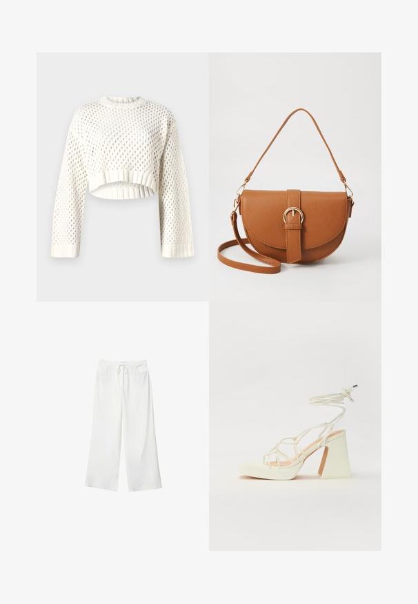 White knitted cropped sweater with a large mesh pattern, ribbed cuffs, and rounded neckline. Lightweight and textured fabric.; White wide-leg pants made of soft fabric, featuring a drawstring waist and two front pockets. Smooth texture and no visible patterns.; White high-heeled sandal with a chunky heel, featuring a strappy design and ankle tie. Smooth texture with a platform front for added height.; Brown leather crossbody bag with a curved shape, gold hardware, and a buckle accent. Features a detachable shoulder strap.