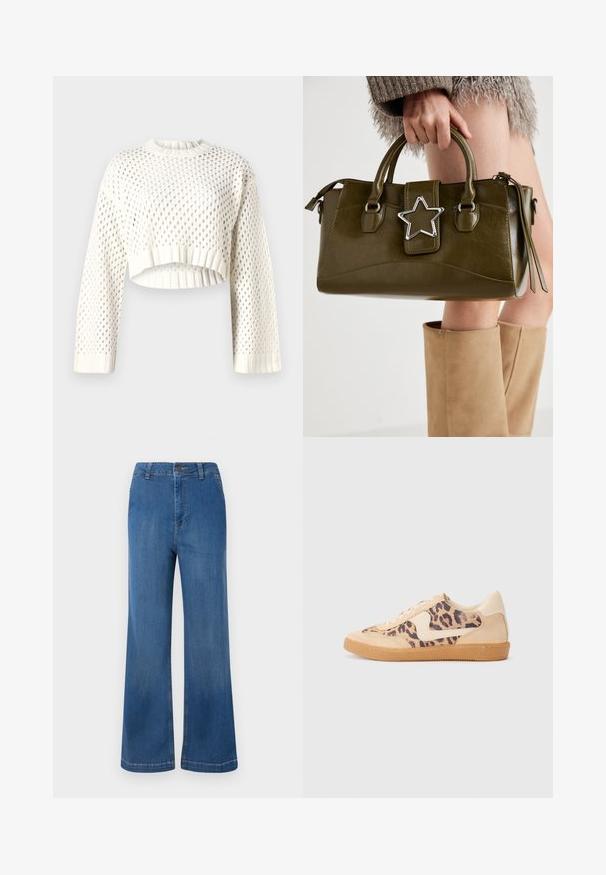 Maglione cropped bianco lavorato a maglia con un grande motivo a rete, polsini a coste e scollo rotondo. Tessuto leggero e dalla consistenza particolare.; Jeans in denim blu a gamba larga con vita alta, caratterizzati da una chiusura a bottone, cinque tasche e una texture sbiadita.; Sneakers in stampa leopardata con parte superiore in suede beige, suola in gomma color caramello e dettagli bianchi. Punta rotonda e design con lacci, con una finitura testurizzata.; Borsa a mano in similpelle verde oliva con accentatura a stella argentata, manici doppi e chiusura con zip. Superficie testurizzata e forma strutturata.