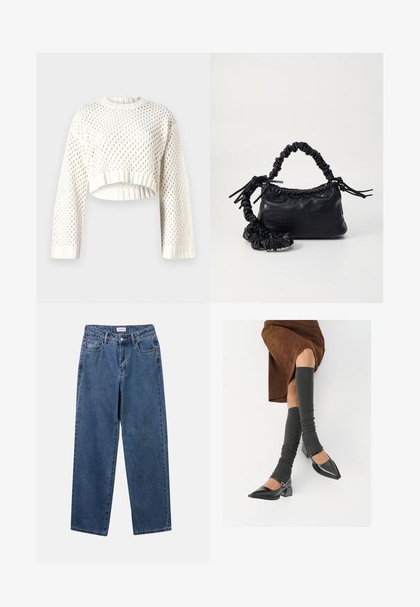 White knitted cropped sweater with a large mesh pattern, ribbed cuffs, and rounded neckline. Lightweight and textured fabric.; Classic blue denim jeans with a straight-leg design, five pockets, and a button closure. Features a medium wash and sturdy texture.; Black patent leather pointed-toe shoes with a block heel and ankle strap, paired with gray ribbed leg warmers and a brown suede skirt.; Black faux leather handbag with a crocodile texture, cinched top, and a scrunched strap. Appears soft and compact in design.