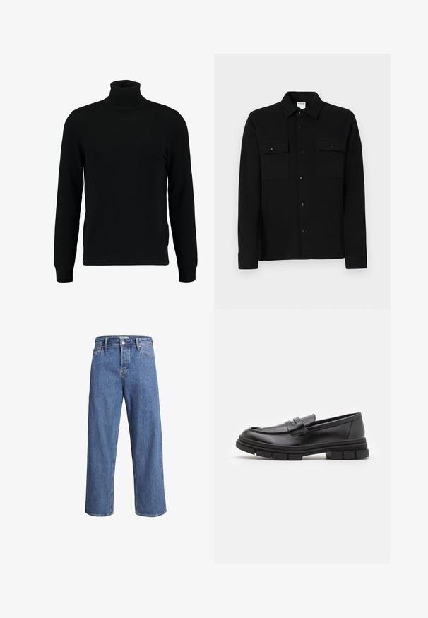 Un pull à col roulé noir en matière tricotée douce. Il possède des manches longues, un col et un ourlet côtelés. Son design est simple et épuré, sans motifs.; Chemise noire à boutons, fabriquée dans un tissu lisse, dotée de deux poches poitrine, d'un col pointe et de poignets à boutons. Design simple avec un minimum de détails.; Jean en denim bleu clair avec une coupe droite, taille haute et des détails de couture minimes. Le tissu a une texture douce et légèrement délavée.; Mocassins en cuir noir avec une finition lisse, présentant un détail de sangle à l'avant et une semelle en caoutchouc épaisse avec des accents striés.