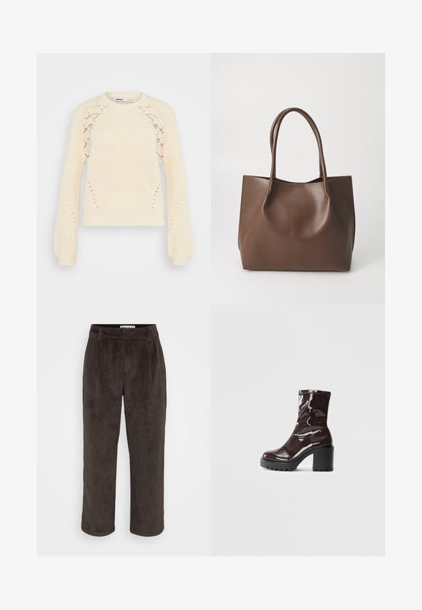 Kremfarget strikket genser med rund hals, lange pufferm, og blondeaktig mønsterdetaljer på skuldrene. Teksturert stoff.; Brune corduroy bukser med en lige ben design, subtil tekstur og en frontknaplukning med sidelommer.; Glinsende burgunder ankelstøvel med en kraftig svart hæl, med en glatt tekstur og enkelt design. Ingen synlige lukkinger eller mønstre.; Brun lær totebag med to lange håndtak, strukturert form, glatt tekstur og minimalistisk design. Ingen synlig maskinvare eller detaljer.