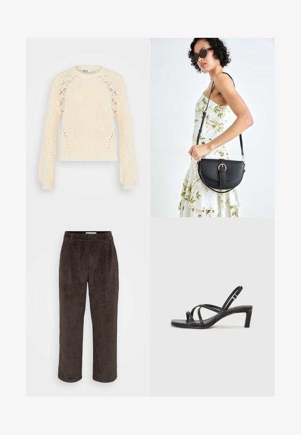 Pulover tricotat de culoare crem, cu guler rotund, mâneci lungi tip puff și detalii din dantelă pe umeri. Material texturat.; Pantaloni din catifea bere cu un design drept, textură subtilă și închidere frontală cu buton, având buzunare laterale.; Sandal cu barete negre, cu vârf pătrat și toc mic de bloc. Prezintă mai multe barete subțiri și o bareta ajustabilă la gleznă. Fabricat din piele netedă.; Geantă din piele neagră, cu o formă curbată, curea detașabilă și accesorii aurii. Geanta are un capac cu un detaliu tip cataramă.